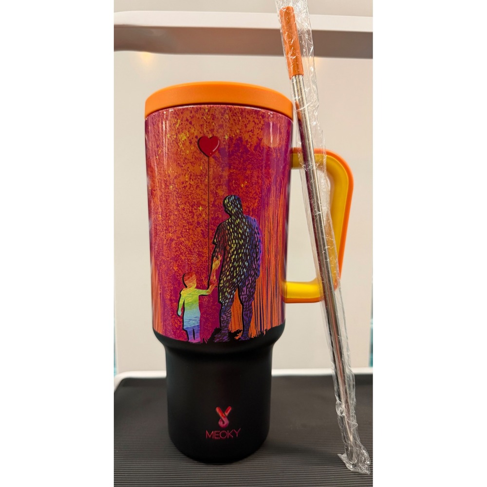 Meoky 40oz Insulated Tumbler with Handle and Straw Parent Child Art Orange Black